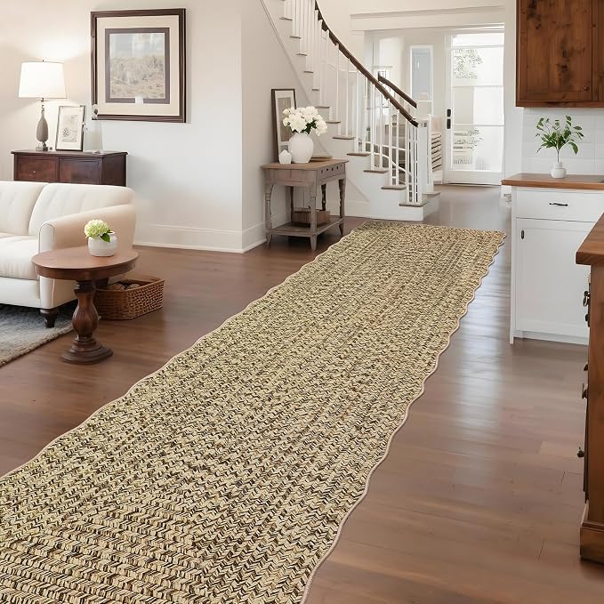 Imitation Braided Collection-Print Long Hallway Runners 2x10 Washable Area Rug, Farmhouse Rustic Bordered Area Rug Non Slip Soft Low Pile Indoor Carpet Runners for Entryways, Laundry Room