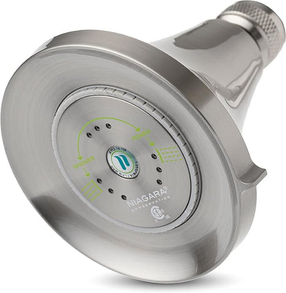 Niagara Conservation Earth Luxe 3-Spray 1.5 GPM 3.35-in. Wall Mount Adjustable Fixed Shower Head in Brushed Nickel, Bathroom Shower Head Sprayer with Pressure Compensation