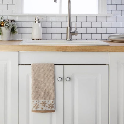 SKL Home Christmas/Winter Heather Snowflake Hand Towel Set-2pc, Tan | 100% Cotton. 500 GSM. Plush & absorbent jacquard. Great for the bathroom, kitchen or bar & gifting.