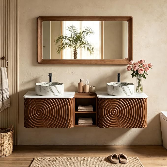 60" Floating Bathroom Vanity with Double Sink, Mid-Century Wall Mounted Bathroom Vanity Cabinet with Wood Waved Decor, Marble Ceramic Basin, Sintered Stone Top, Soft Close Drawer, Side Open Cube