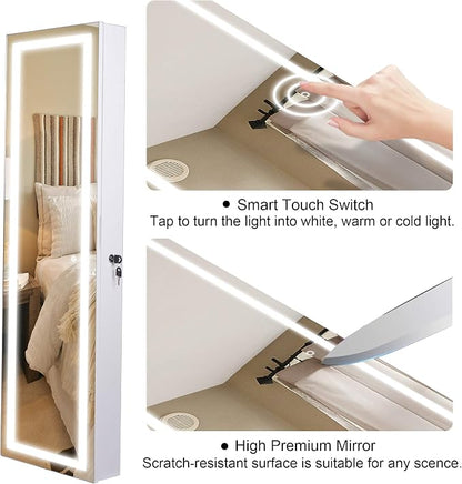Becko US LED Mirror Jewelry Cabinet with 3 Colored Light, Wall/Door Mounted Wooden Jewelry Armoire, 47-Inch Full Length Lighted Mirror with Storage, Lockable Jewelry Organizer for Bedroom (White)