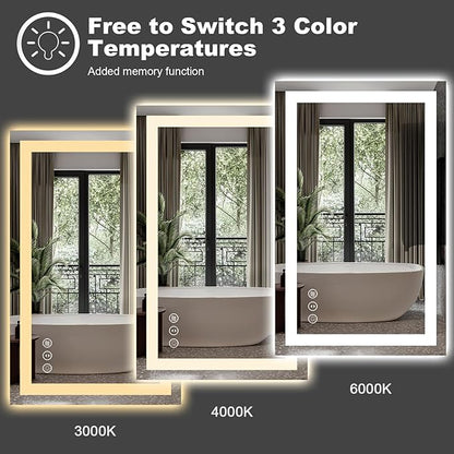 LED Mirror for Bathroom, 24"x30" with Front Light and Backlight | Stepless Dimmable, Anti-Fog, Shatter-Proof, HD Reflection, Memory, 3 Colors Lighting, UL Listed (Horizontal/Vertical).