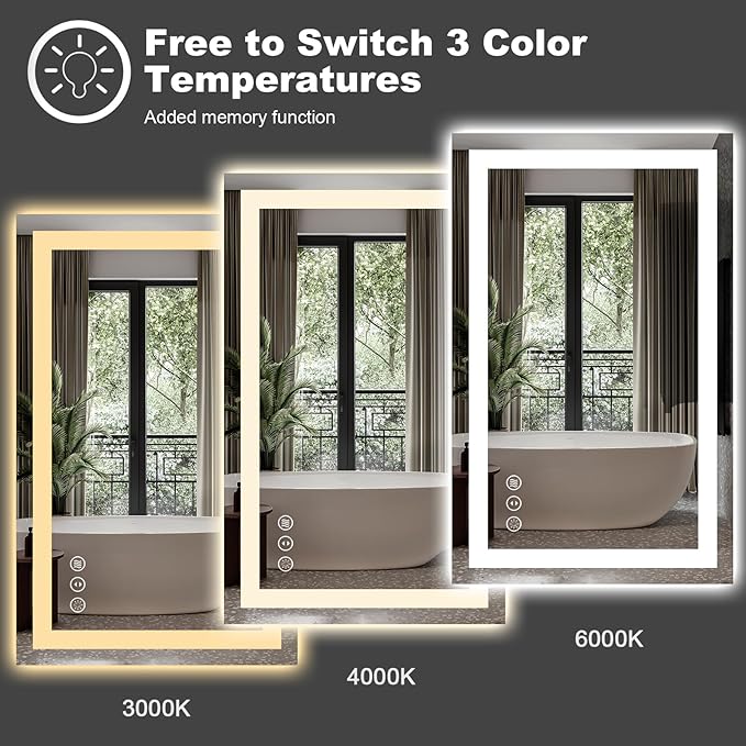 LED Bathroom Mirror, 96"X36" with Front Light and Backlit | Stepless Dimmable, Anti-Fog, Shatter-Proof, HD Reflection, Memory, 3 Colors Lighting, UL Listed.