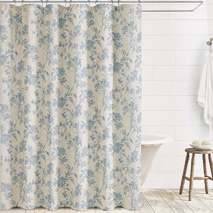 WOUVMA Extra Long Blue Shower Curtain Floral Cotton Linen Cottagecore Shower Curtain for Bathroom 96" L x 72" W