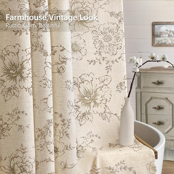 Farmhouse Floral Linen Shower Curtain, Vintage Beige Pattern Rustic Shower Curtains for Bathroom, Tan Taupe,72x72