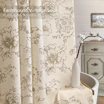 Farmhouse Floral Linen Shower Curtain, Vintage Beige Pattern Rustic Shower Curtains for Bathroom, Tan Taupe,72x84