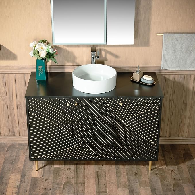 Woodbridge 48" Modern Bathroom Vanity with Round Ceramic Vessel Sinks & Black Engineered Stone Top, Matte Black Lacquer Finish and Gold Accents, Slim Frame Design, and Sleek Space-Saving Profile