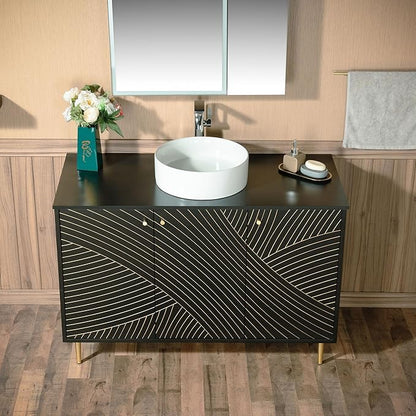 Woodbridge 48" Modern Bathroom Vanity with Round Ceramic Vessel Sinks & Black Engineered Stone Top, Matte Black Lacquer Finish and Gold Accents, Slim Frame Design, and Sleek Space-Saving Profile