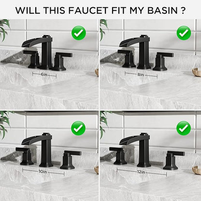 FORIOUS Brass Matte Black Commercial Bathroom Faucets 3 Hole, Waterfall Modern Widespread 8 Inch Bathroom Sink Faucet with Metal Pop-up Drain and Pre-Assembled Hose for Vanity, Restroom,Bathtub