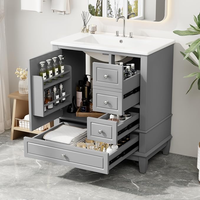 Merax Bathroom Vanity with Ceramic Sink 30 Inch, Cabinet with One Door and Three Drawers, Soft-Closing Door, Solid Wood Legs, Gray