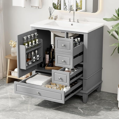 Merax Bathroom Vanity with Ceramic Sink 30 Inch, Cabinet with One Door and Three Drawers, Soft-Closing Door, Solid Wood Legs, Gray