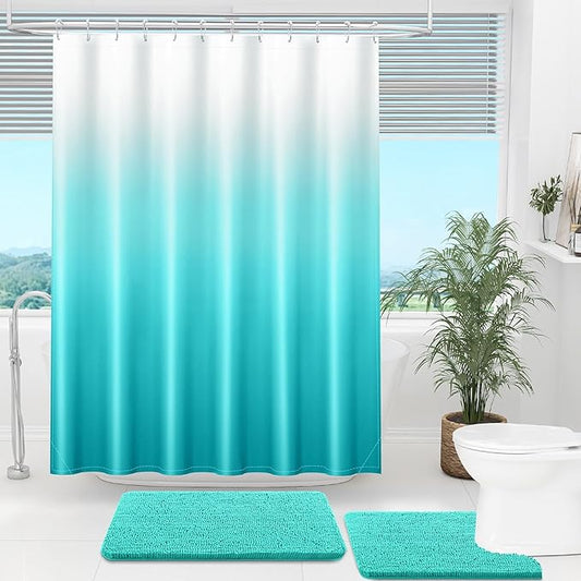 OLANLY Luxury Teal and White Ombre Shower Curtain Sets with 12 Hooks, Waterproof and Washable Decorative Shower Curtains for Bathroom, 72x72 Inches