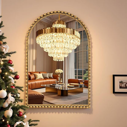 24"x36" Antique Gold Arched Bathroom Mirror, Bold Beaded Frame | Vintage decorative wall mirror for vanity, powder room, entryway, living room, bedroom, and hallway, vertical hanging
