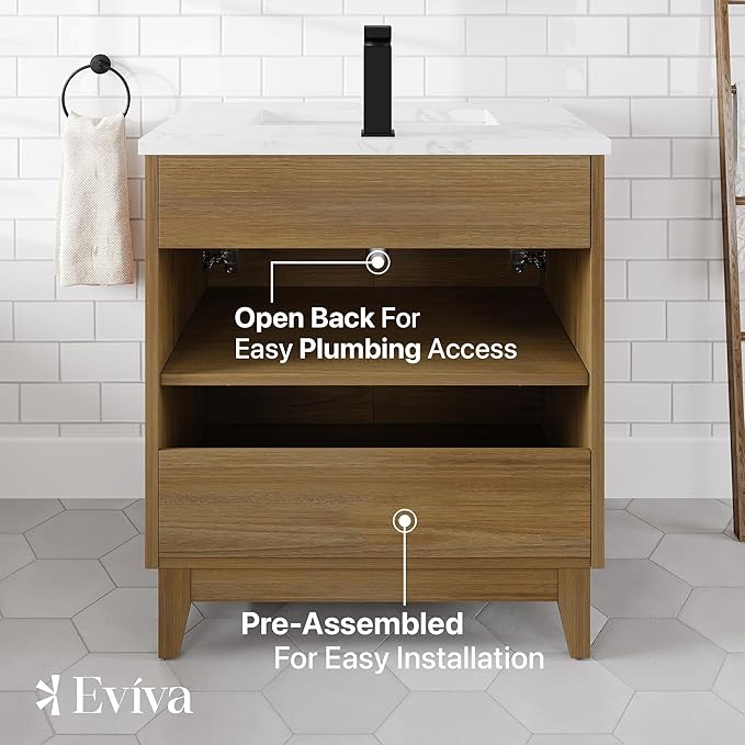 Eviva Graham 30 in. Oak Single Sink Bath Vanity with Porcelain Top and Integrated Sink