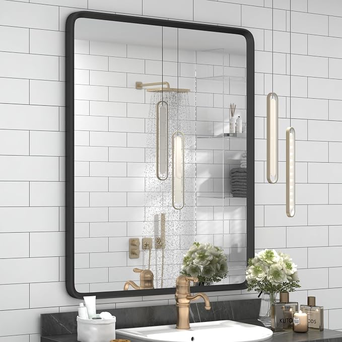 24x32 Black Bathroom Mirror | Black Matte Metal Framed Vanity Mirror, Rounded Rectangle Mirror, Anti-Rust, Shatterproof (Horizontal/Vertical)