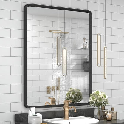 24x32 Black Bathroom Mirror | Black Matte Metal Framed Vanity Mirror, Rounded Rectangle Mirror, Anti-Rust, Shatterproof (Horizontal/Vertical)
