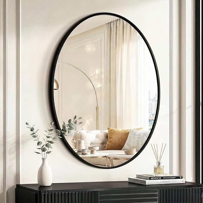 Black Oval Bathroom Mirror for Wall, 24"x32" Bathroom Vanity Mirror | HD Shatterproof Glass, Metal Framed, Oval Vanity Mirrors for Bathroom, Bedroom, Living Room, Entryway, Horizontal or Vertical