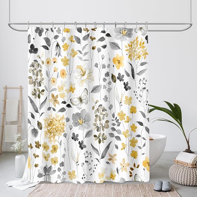Extra Long Shower Curtain 72 x 84 Inch, Tall Yellow Grey Floral Shower Curtain for Bathroom, Watercolor Flower Butterfly Fabric Shower Curtain Set with Hooks