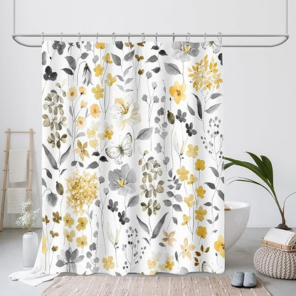 Extra Long Shower Curtain 72 x 84 Inch, Tall Yellow Grey Floral Shower Curtain for Bathroom, Watercolor Flower Butterfly Fabric Shower Curtain Set with Hooks