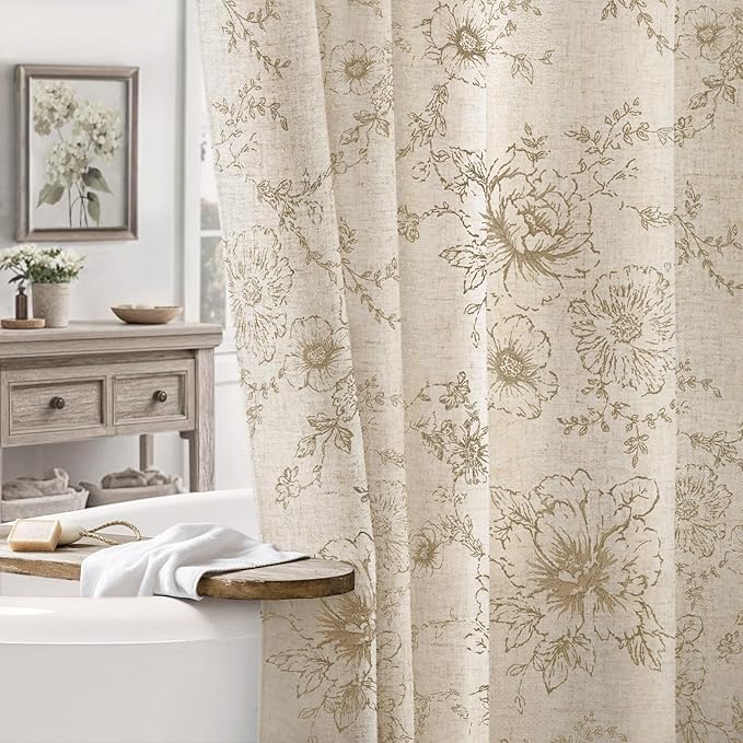 Farmhouse Floral Linen Shower Curtain, Vintage Beige Pattern Rustic Shower Curtains for Bathroom, Tan Taupe,72x78