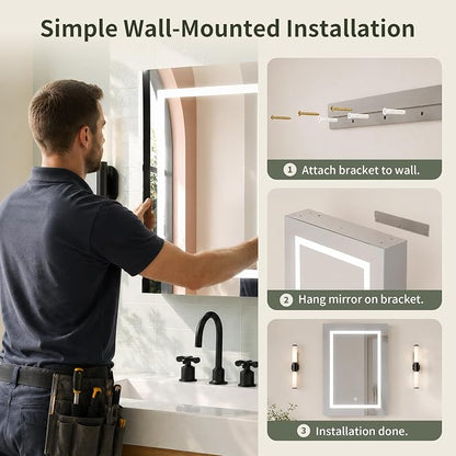 DeerValley LED Lighted Bathroom Medicine Cabinet with Mirror, 20''x28'' | Wall Mounted Mirror Cabinet with Socket, Dimmable Light, Anti-Fog, Adjustable Shelf, DV-1MC0498