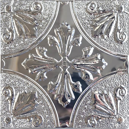 Peel and Stick Metal Backsplash Tiles, Silver Fleur, 10-Pack | 8 x 8 in tile size; Covers up to 4.44 sq ft; Aluminum; Water-resistant surface; For kitchens, ceilings, DIY projects