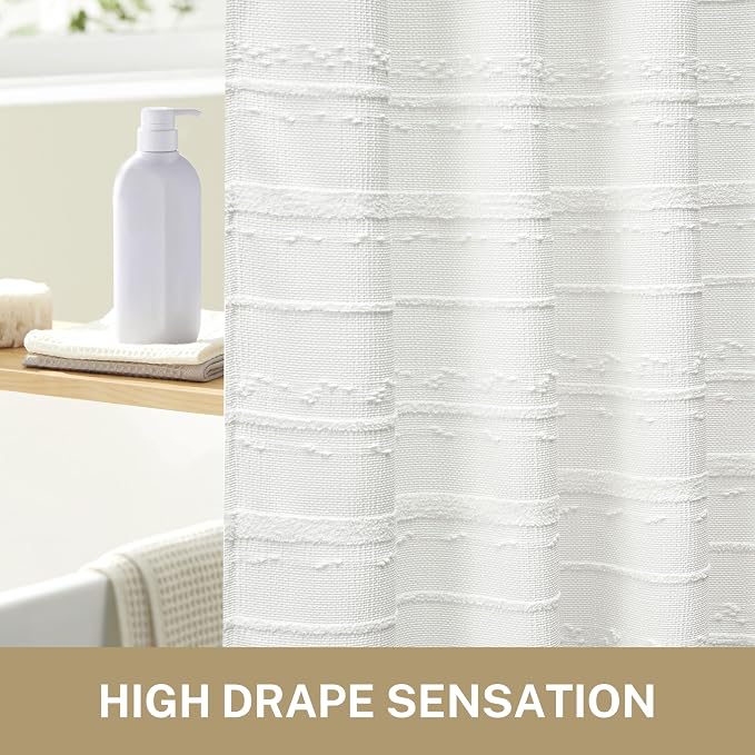 Farmhouse White Shower Curtain Boho, 72 x 72 Cotton Blend Tufted Weave Waffle Stripe Textured Heavy Duty, Fabric Shower Curtain for Bathroom, Hotel
