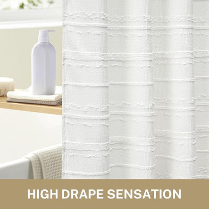 Farmhouse White Shower Curtain Boho, 72 x 72 Cotton Blend Tufted Weave Waffle Stripe Textured Heavy Duty, Fabric Shower Curtain for Bathroom, Hotel