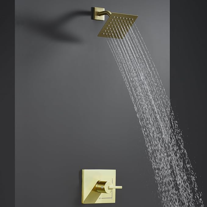 SOOOHOT Gold Shower Faucet Set with 6-Inch Rain Shower Head, Single-Handle Shower Trim Kit, Brushed Gold Shower Fixtures （Valve Included)