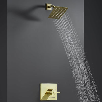 SOOOHOT Gold Shower Faucet Set with 6-Inch Rain Shower Head, Single-Handle Shower Trim Kit, Brushed Gold Shower Fixtures （Valve Included)