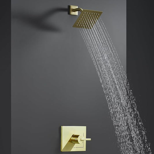 SOOOHOT Gold Shower Faucet Set with 6-Inch Rain Shower Head, Single-Handle Shower Trim Kit, Brushed Gold Shower Fixtures （Valve Included)