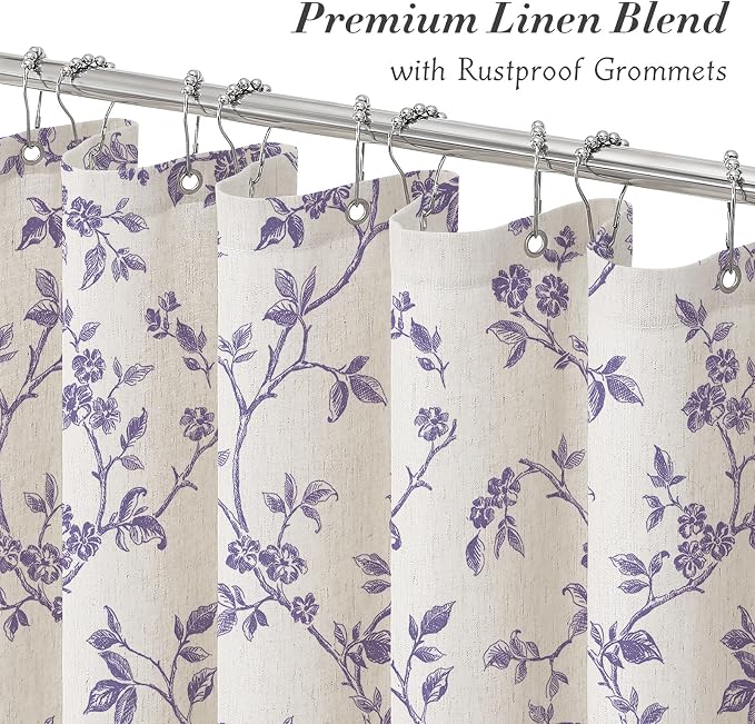 MitoVilla Long Linen Floral Shower Curtain for Bathroom,72 x 78 | Long Cottagecore Spring Shower Curtains for Bathroom, Modern Farmhouse Country Plant Leaves Bathroom Décor, 72 x 78