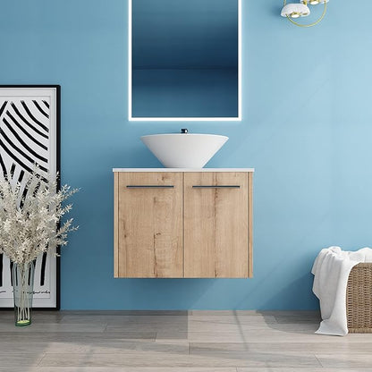 24" Floating Vanity with Sink, 24 Inch Bathroom Vanity with Sink, Modern Plywood Floating Cabinet with Sintered Stone Countertop and White Ceramic Basin, Soft Close Doors