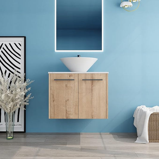 24" Floating Vanity with Sink, 24 Inch Bathroom Vanity with Sink, Modern Plywood Floating Cabinet with Sintered Stone Countertop and White Ceramic Basin, Soft Close Doors