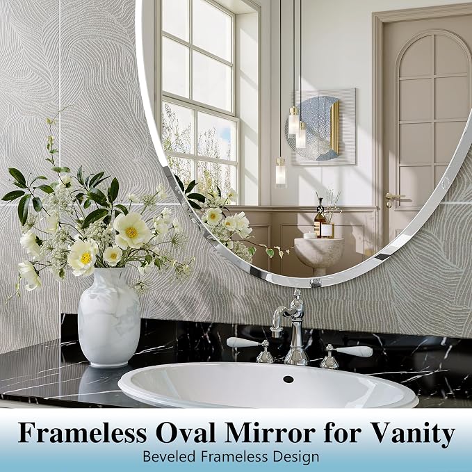 Frameless Oval Mirror, 18"x26" Oval Beveled Bathroom Mirrors | Frameless, 15mm beveled edge, 5mm HD glass, anti-rust, french cleat, horizontally or vertically, for bathroom/bedroom
