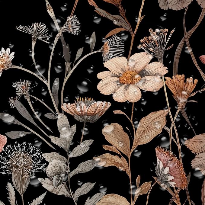 Vintage Boho Black Floral Shower Curtain, Beige Brown Cream Tan Rustic Farmhouse Flower Shower Curtain Set, Cute Botanical Wlidflowers Fabric Shower Curtains Decoration, 36X72 Bathroom Accessories
