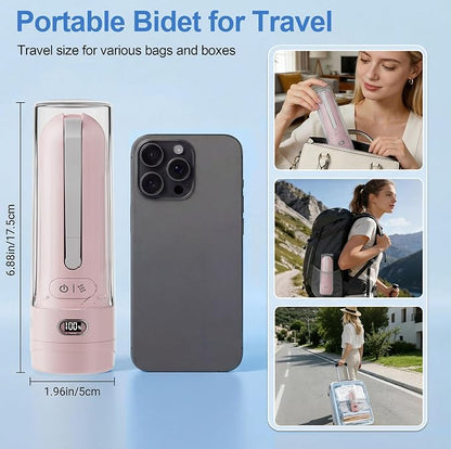 Electric Portable Bidet Toilet Aids Wiper Tool Set, Pink | 2-in-1 travel hygiene kit 15.7" extended length wiping tools 1600mAh Long-lasting Battery USB-C Rechargable IPX7 Waterproof