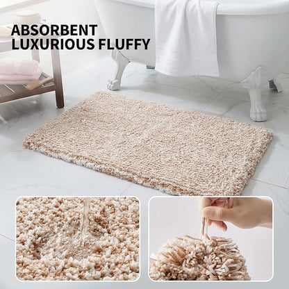 ILANGO Beige and White Bathroom Rugs 30" × 20" Non Slip & Super Absorbent Extra Thick Soft, Washable Bath Mat for Floor, Microfiber Plush Shaggy Bath Rug with Rubber for Bathtub Shower Room Sink
