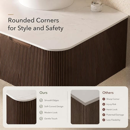 48 Inch Bathroom Vanity with Sink, Floating Wall Mounted Single Sink Vanity, Dark Walnut Curved Fluted Front, Stone Top, Pure White Round Vessel Basin, Pre-Assembled