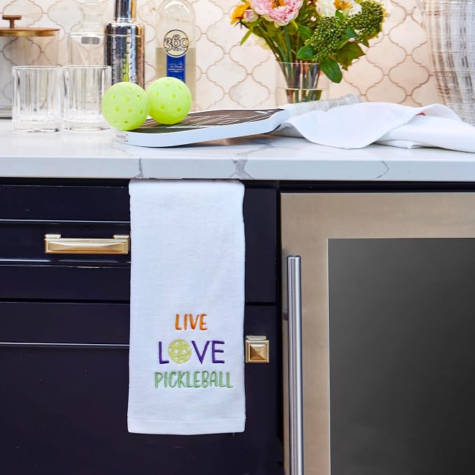 SKL Home Live Love Pickleball 100% Cotton Embroidered 2pc Hand Towel Set, Decorative for Bath/Kitchen/Bar & Gift, White
