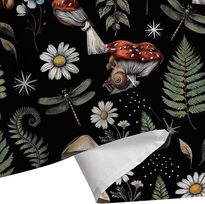 GOAOK Vintage Mushroom Boho Shower Curtain, Magic Fairy Witchy Woodland Nature Plant Shower Curtain Set, Hippie Botanical Floral Aesthetics Fabric Waterproof Shower Curtain 72"x84" Black