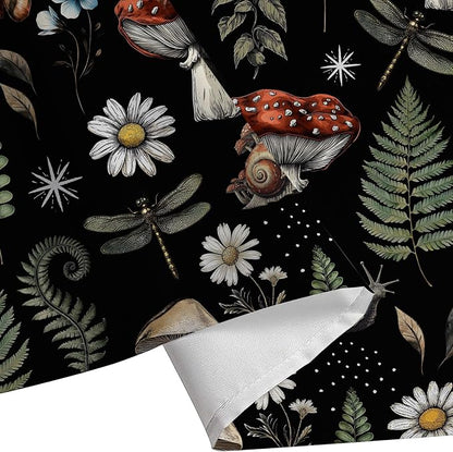 GOAOK Vintage Mushroom Boho Shower Curtain, Magic Fairy Witchy Woodland Nature Plant Shower Curtain Set, Hippie Botanical Floral Aesthetics Fabric Waterproof Shower Curtain 72"x84" Black