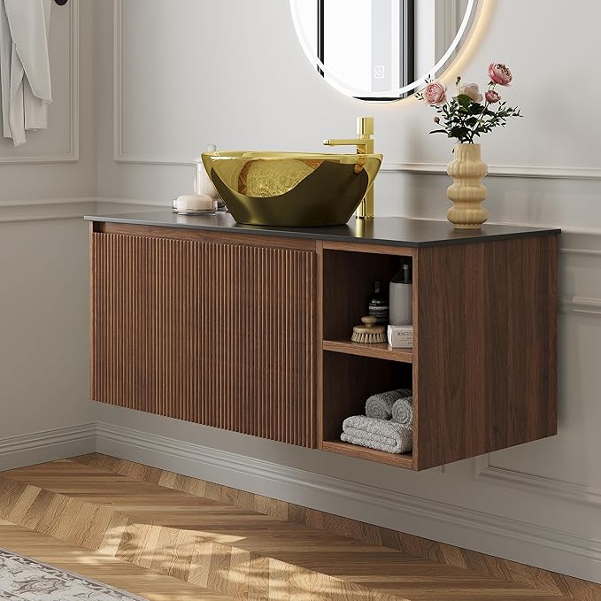 36" Modern Floating Bathroom Vanity with Single Sink - Wall Mounted Storage Bathroom Cabinet with Black Sintered Stone Countertop| Large Storage Space & Open Shelves, Dark Wood