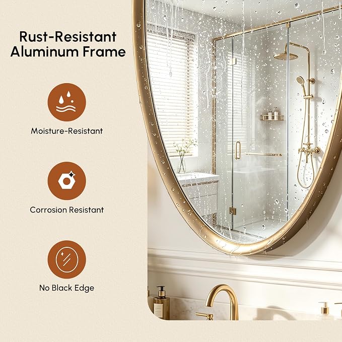 Brushed Gold Oval Bathroom Mirror 20x28 Inch | Vanity Wall Mirror, Crystal-Clear HD Glass, Rust-Proof Aluminum Frame, Inner-Curved Decor for Bedroom, Entryway Renovation