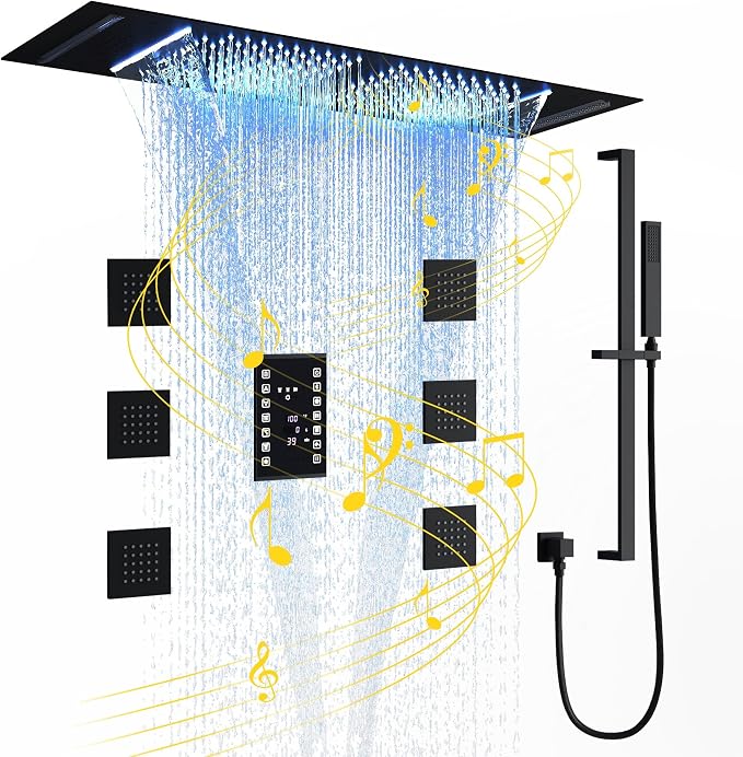 CASAINC Thermostatic Shower System with Body Jets, 36x12 Inch Luxury 6 Functions Waterfall Shower Jets System, Multifunctional Full Body Shower System with Sliding Rod Hand Shower, LED & Music