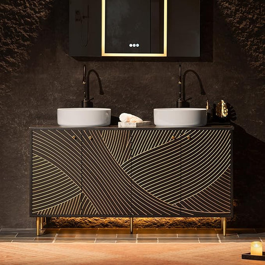 Woodbridge 60"X22" Bathroom Vanity with Double Ceramic Round Vessel Sinks,Black Engineered Stone Vanity Top– Hand-Painted Black & Gold Accents, Sleek Thin-Leg Frame, Space-Saving for Modern Living