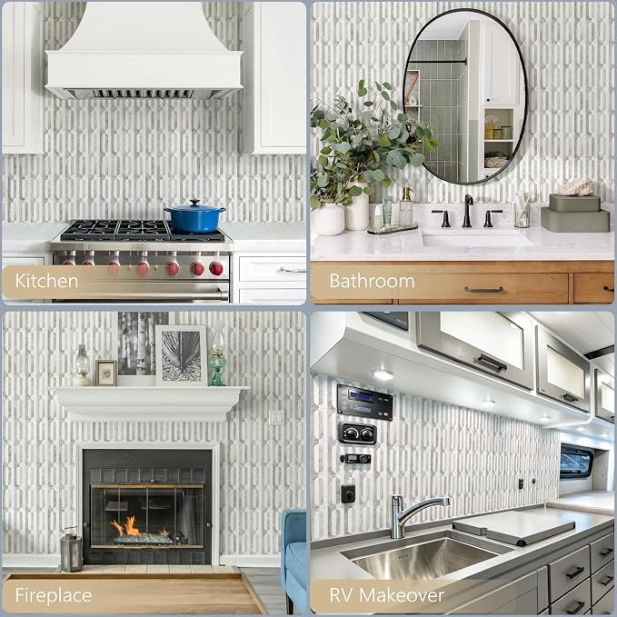 STICKGOO Peel and Stick Backsplash Tiles 12"x12", Waterproof Stick on Kitchen & Bathroom Backsplash, PVC Self Adhesive Wall Tiles for Fireplace, White/Beige Slate (10 Sheets)