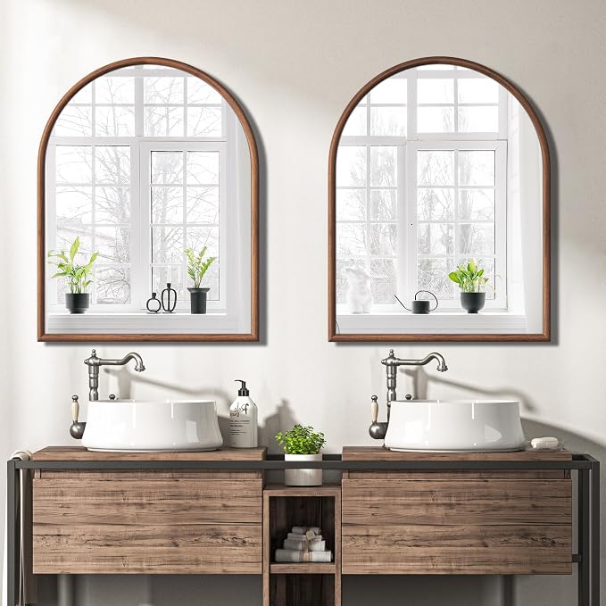 28"x36" Arch Wall Mirror for Wall, Wall Mounted Vanity Mirror for Bedroom, Wood Grain Finish Frame Mirror with Tempered Glass, Vintage Decorative for Bathroom, Entryway, Living Room, Walnut