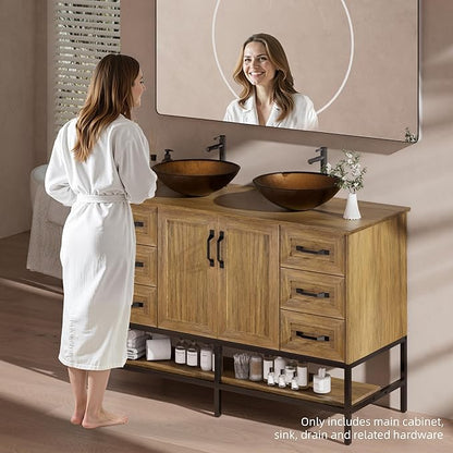 VNN 48 Inch Bathroom Vanity with Sink - Double Sink Bathroom Vanity, Freestanding Cabinet with Open Shelves and 6 Storage Drawers, Modern Iron Wood Cabinet with Countertop Tempered Glass Vessel, Oak