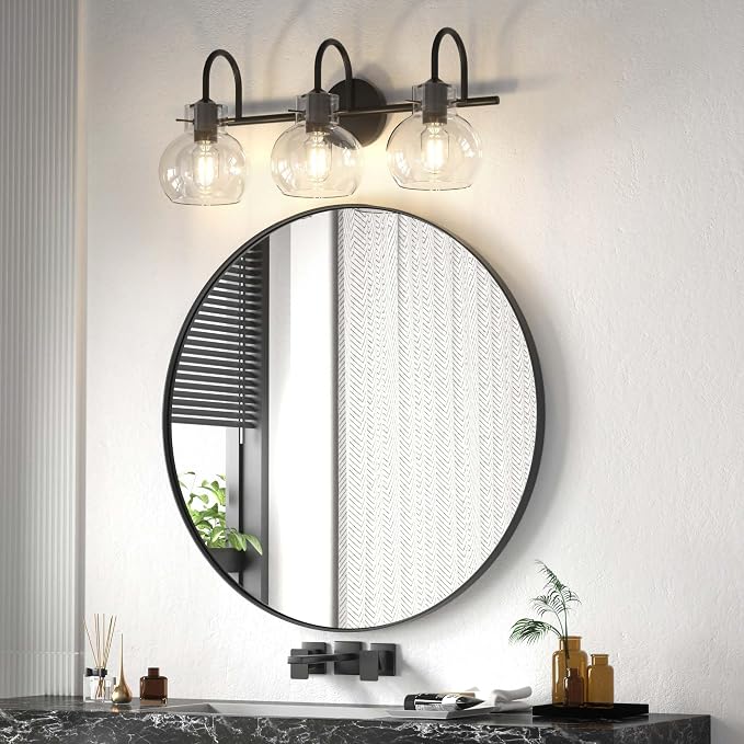 3 Lights Bathroom Vanity Light Fixtures Over Mirror Modern Black | Wall Sconce,Elegant Globe Glass Shade,E26 Base, UL Certified,Anti-Rust,Damp Rated,Matte Black,Bathroom Bedroom Living Room